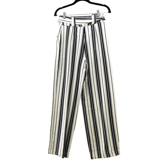 H&M Wide Leg Tie Waist Pants Womens Size 2 White Blue Stripe Beachy Culotte - Picture 2 of 9